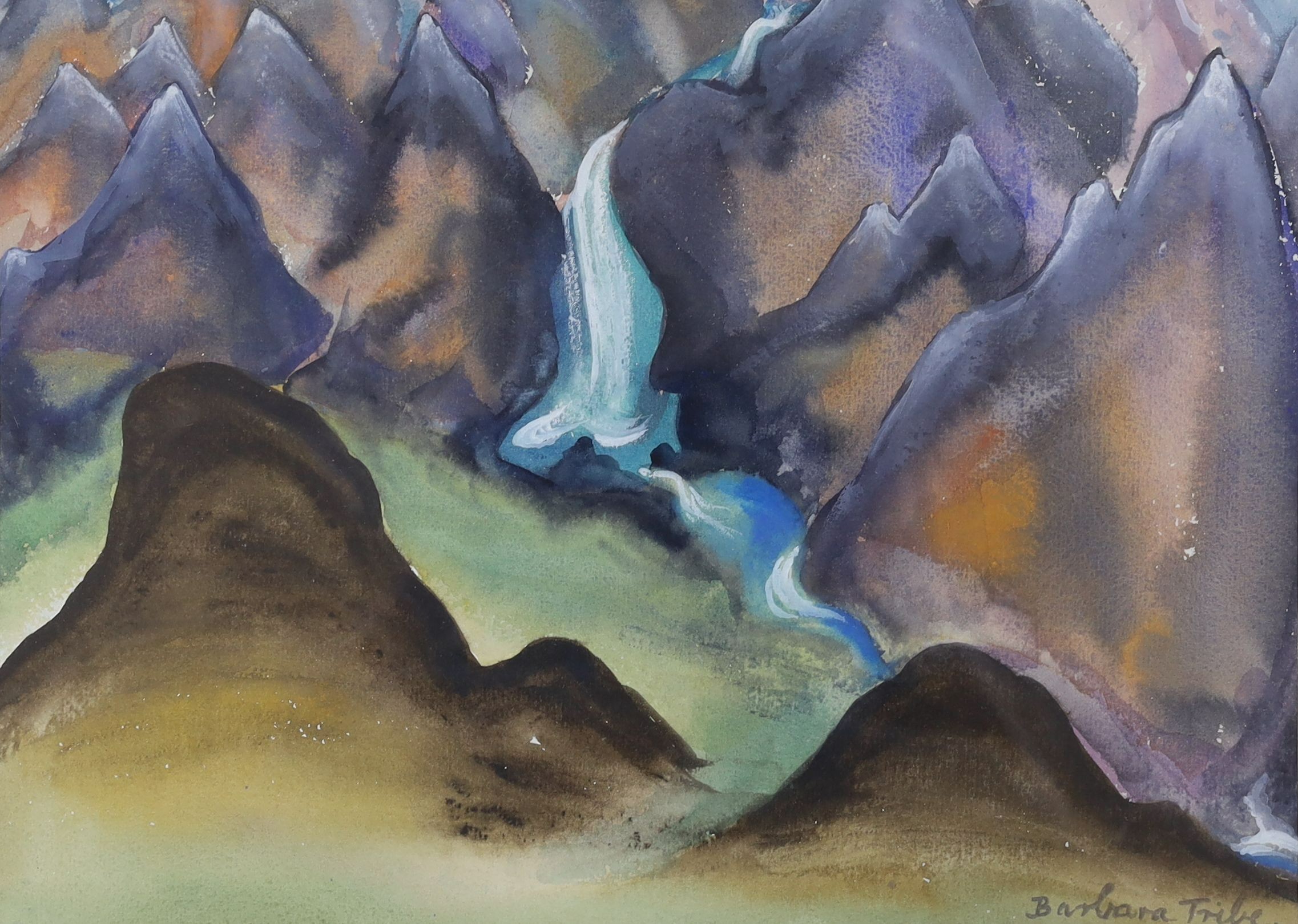 Barbara Tribe (1913-2000), two watercolours, Texas Canyon, Prickly Pear, Arizona and Waterfall, Colorado River, Arizona, signed with labels verso, 27 x 37cm